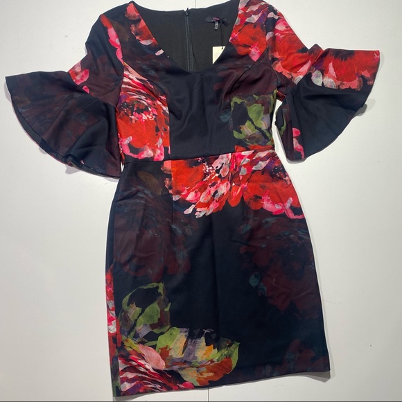 Trina Turk Black & Red Trousdale Floral Float V-neck Ruffles Sleeve Dress NWT 4 - Picture 4 of 16